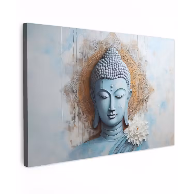 Canvas schilderij - Boeddha - Beeld - Blauw - Bruin - Bloem — 1