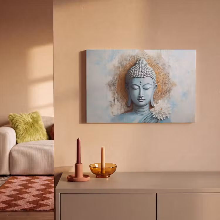 Canvas schilderij - Boeddha - Beeld - Blauw - Bruin - Bloem — 2