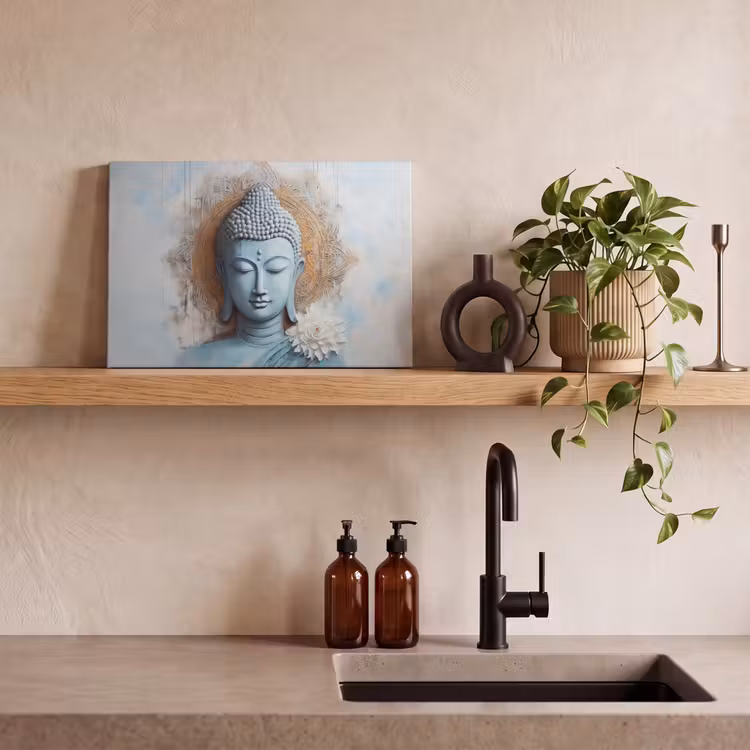 Canvas schilderij - Boeddha - Beeld - Blauw - Bruin - Bloem — 4