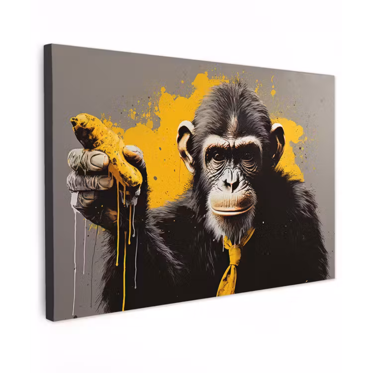 Canvas schilderij - Aap - Chimpansee - Banaan - Geel - Dieren - Stropdas — 1