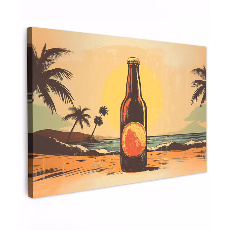 Canvas schilderij - Bierfles - Zonsondergang - Palmbomen - Zee — 1