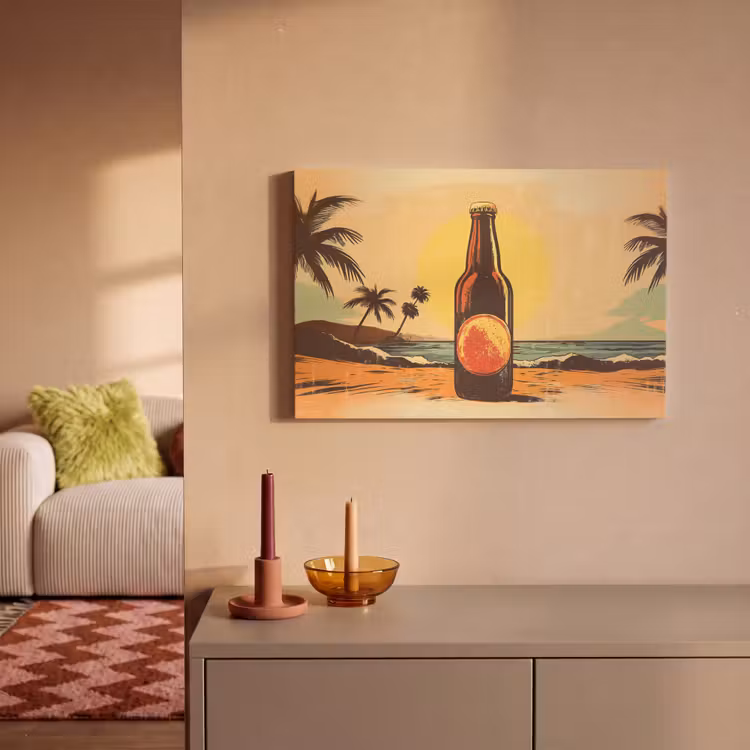 Canvas schilderij - Bierfles - Zonsondergang - Palmbomen - Zee — 2