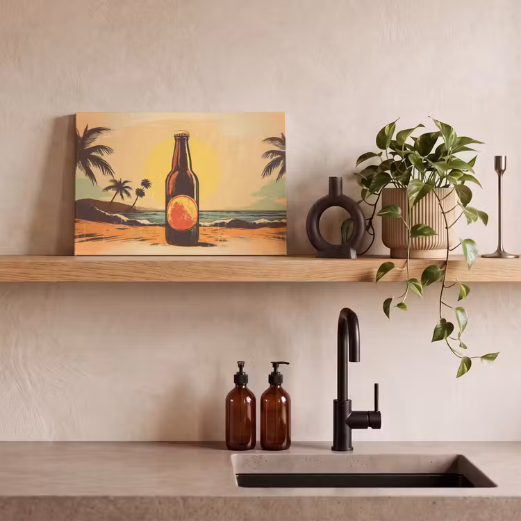 Canvas schilderij - Bierfles - Zonsondergang - Palmbomen - Zee — 4