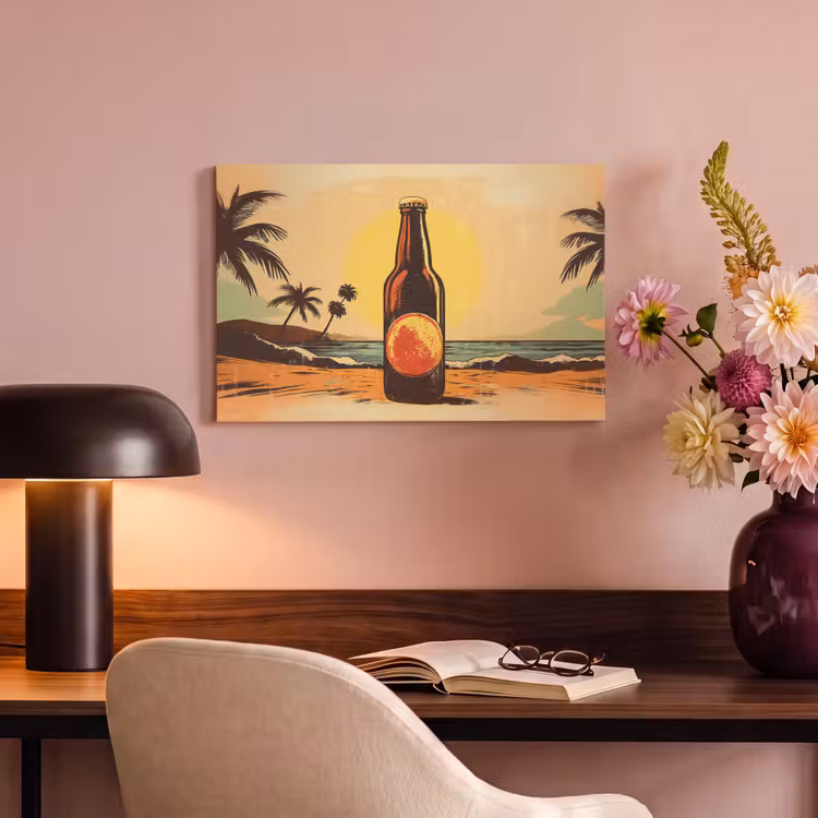 Canvas schilderij - Bierfles - Zonsondergang - Palmbomen - Zee — 6