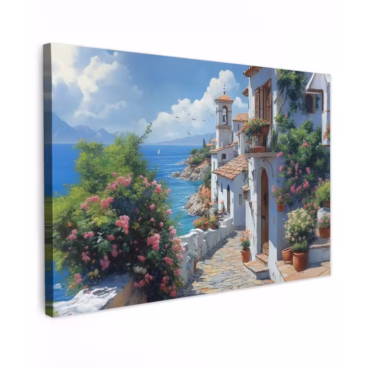 Canvas schilderij - Huizen - Zee - Bomen - Bloemen — 1