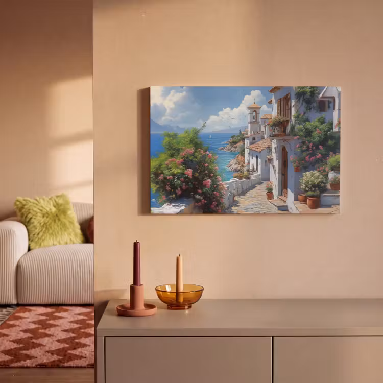 Canvas schilderij - Huizen - Zee - Bomen - Bloemen — 2