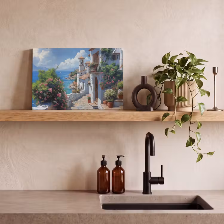 Canvas schilderij - Huizen - Zee - Bomen - Bloemen — 4