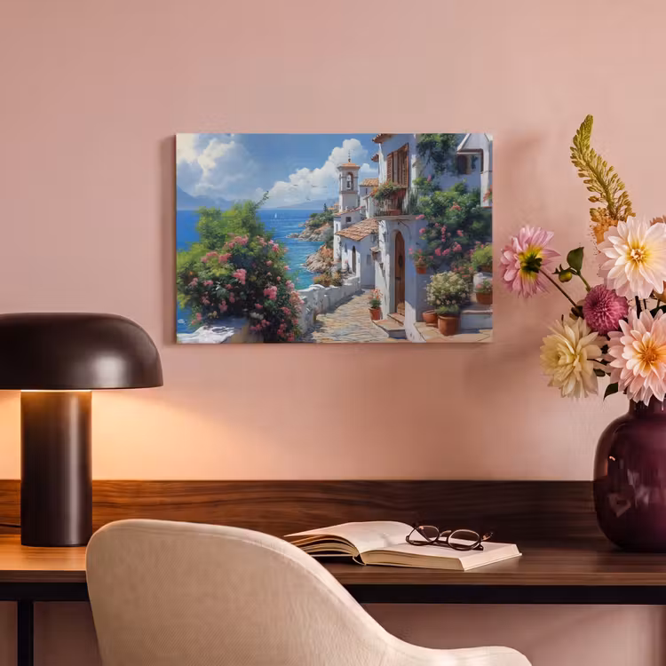 Canvas schilderij - Huizen - Zee - Bomen - Bloemen — 6