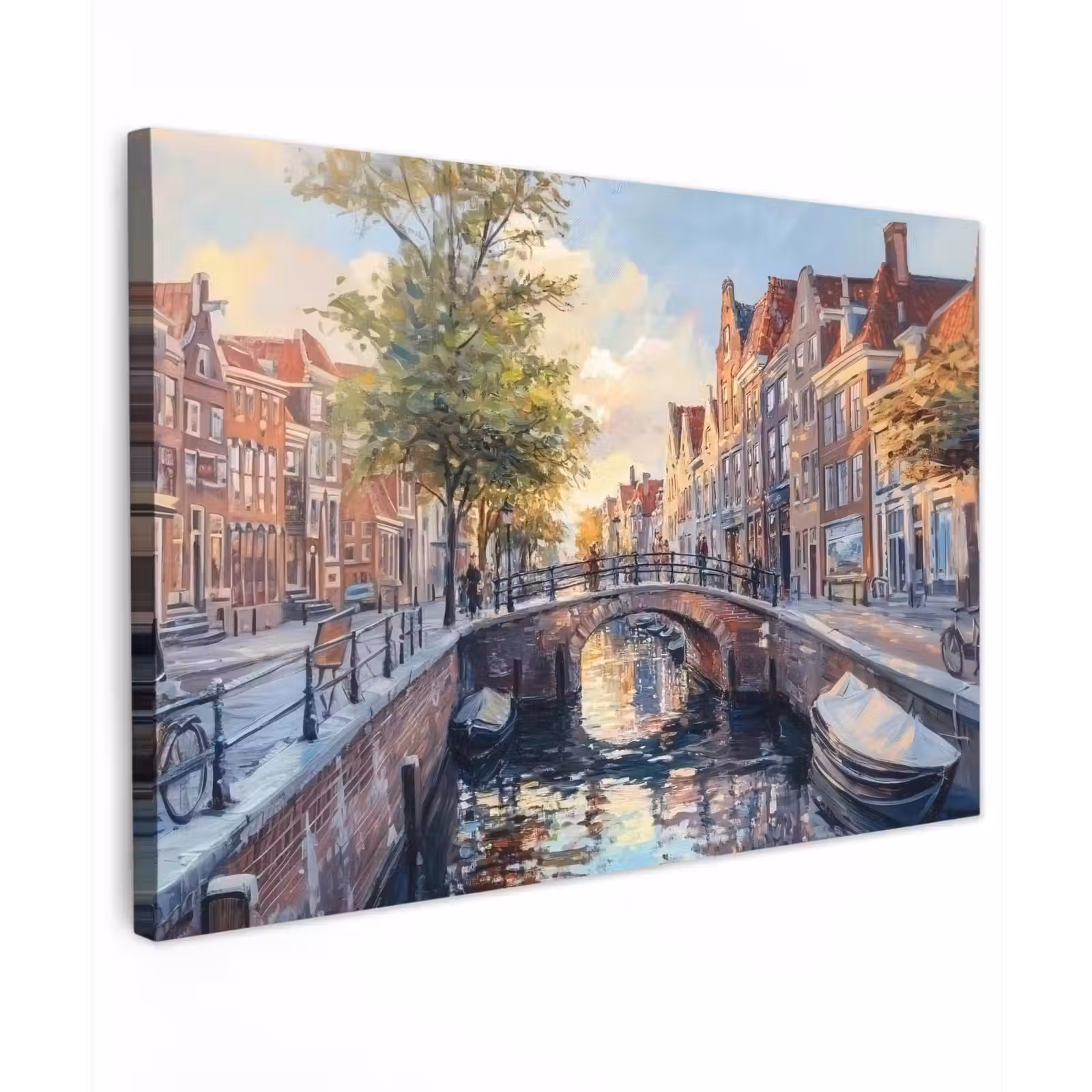 Canvas schilderij - Brug - Stad - Huizen - Boot — 1