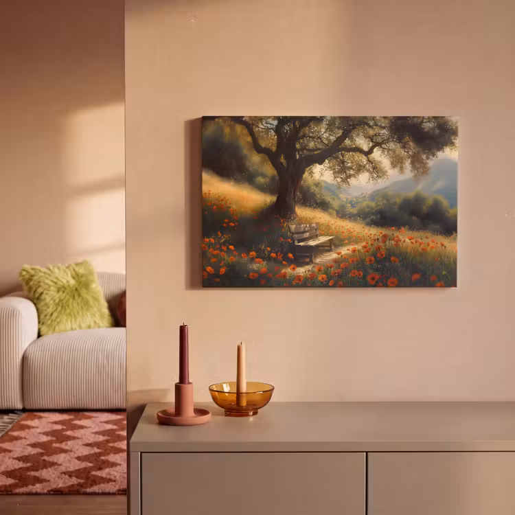 Canvas schilderij - Bankje - Boom - Klaprozen - Heuvels — 2