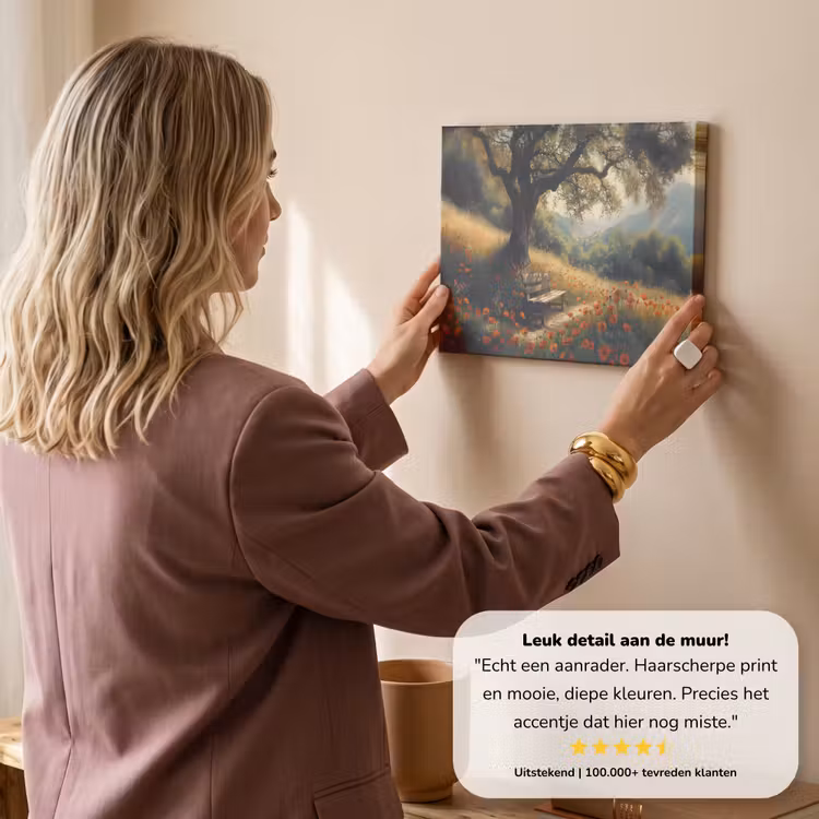 Canvas schilderij - Bankje - Boom - Klaprozen - Heuvels — 3