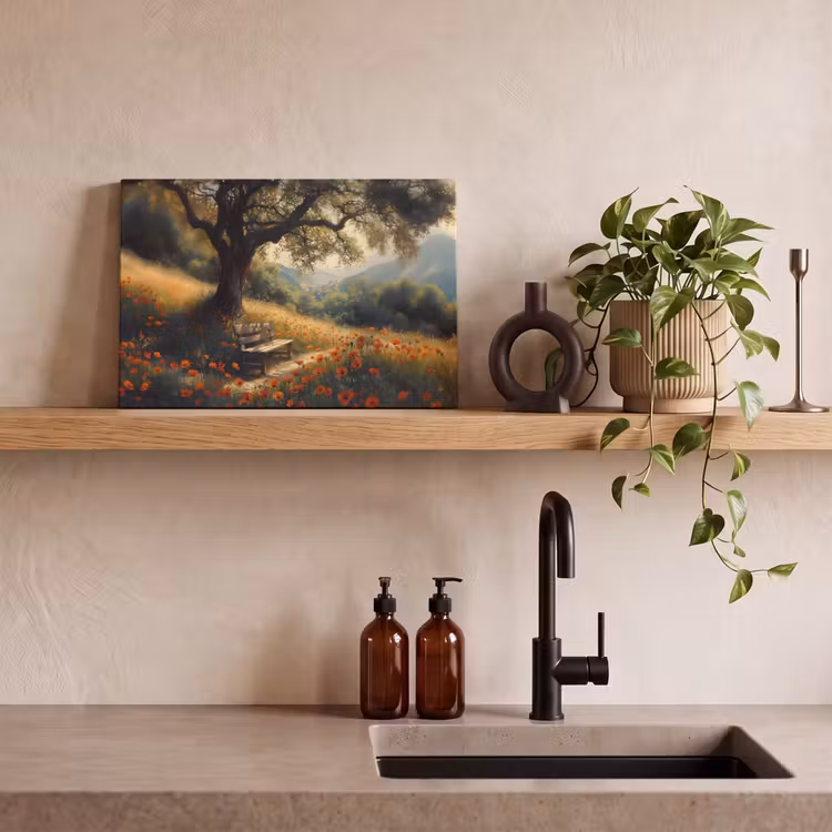 Canvas schilderij - Bankje - Boom - Klaprozen - Heuvels — 4