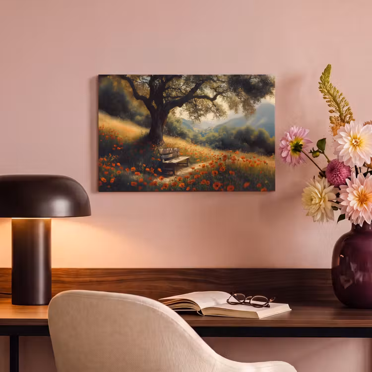 Canvas schilderij - Bankje - Boom - Klaprozen - Heuvels — 6