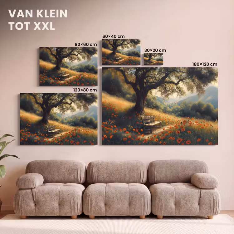 Canvas schilderij - Bankje - Boom - Klaprozen - Heuvels — 8
