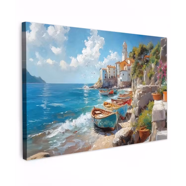 Canvas schilderij - Boten - Rotsen - Zee - Zon — 1