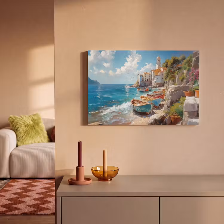 Canvas schilderij - Boten - Rotsen - Zee - Zon — 2