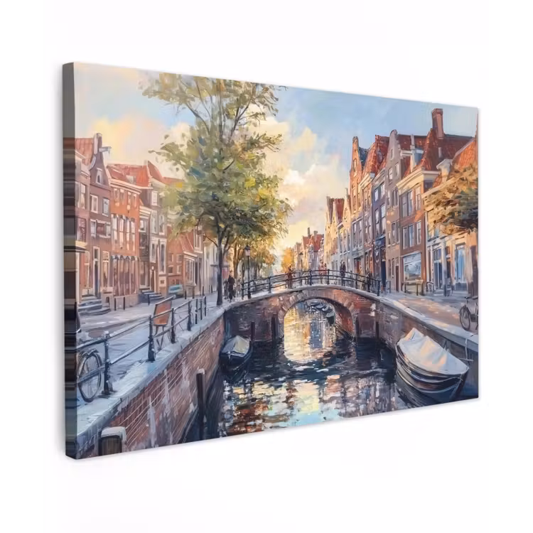 Canvas schilderij - Brug - Stad - Huizen - Boot — 1