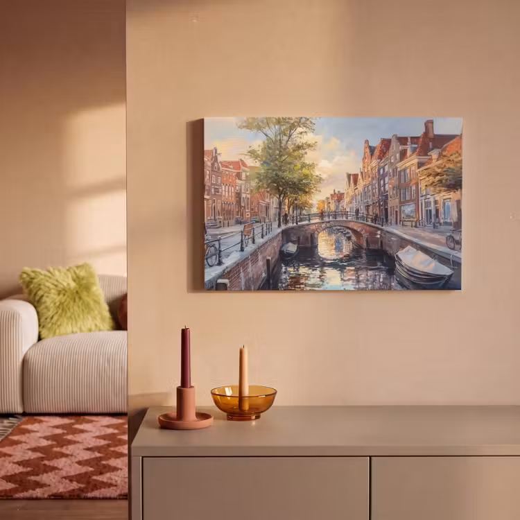 Canvas schilderij - Brug - Stad - Huizen - Boot — 2