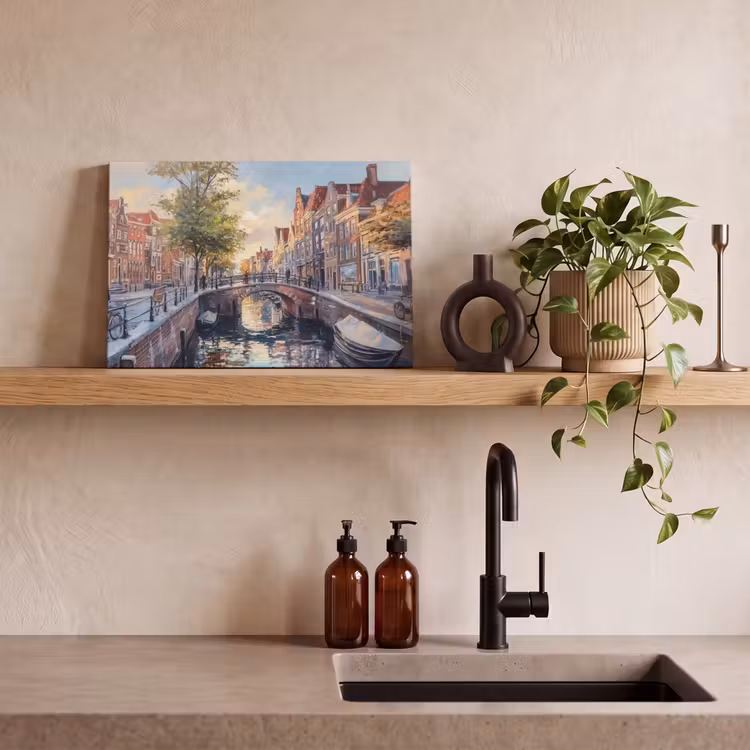 Canvas schilderij - Brug - Stad - Huizen - Boot — 4