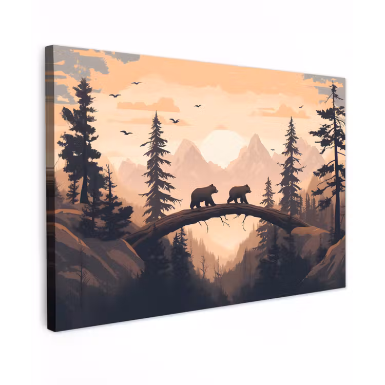 Canvas schilderij - Beren - Bomen - Landschap - Zonsondergang — 1