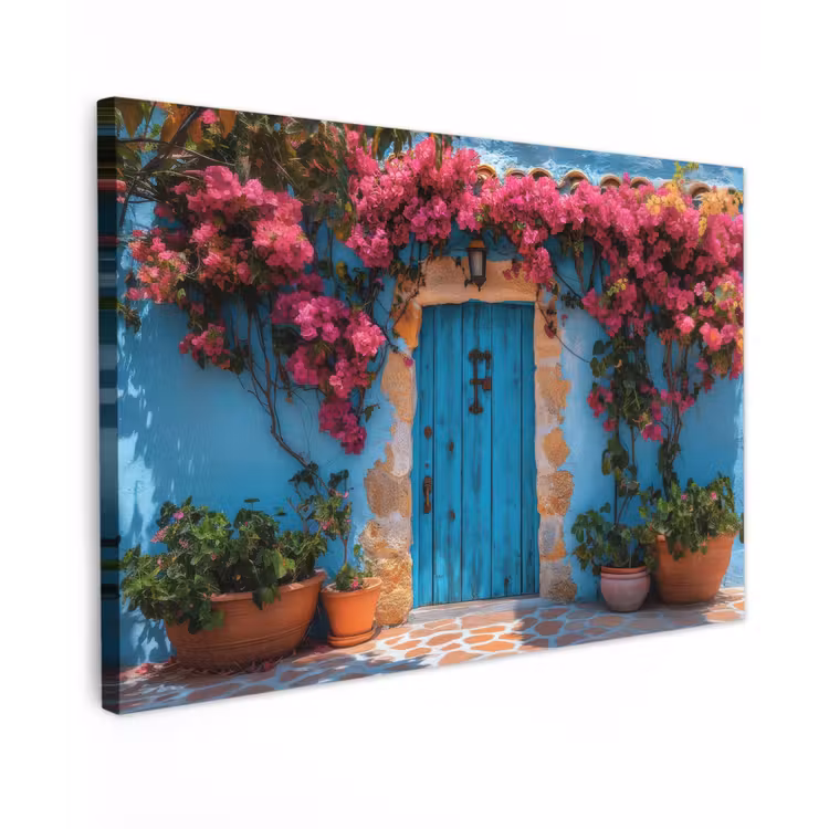 Canvas schilderij - Deur - Hout - Bloemen - Blauw — 1