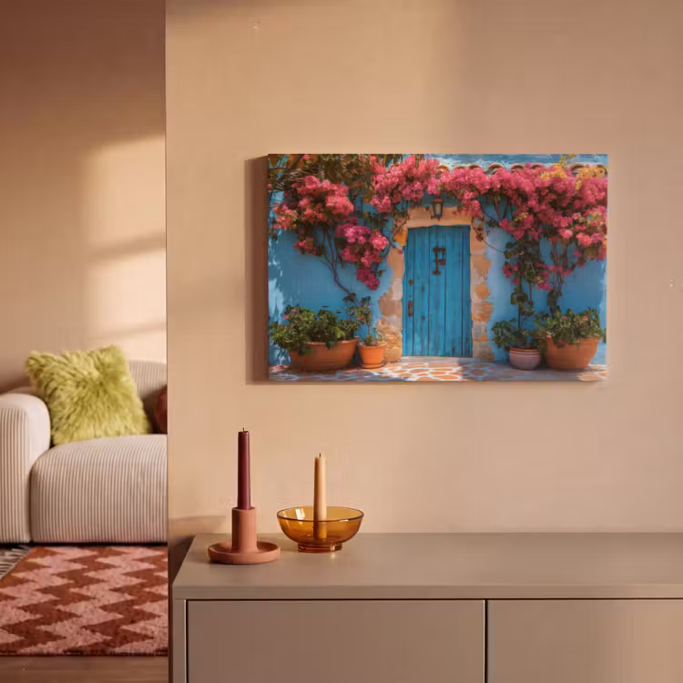 Canvas schilderij - Deur - Hout - Bloemen - Blauw — 2