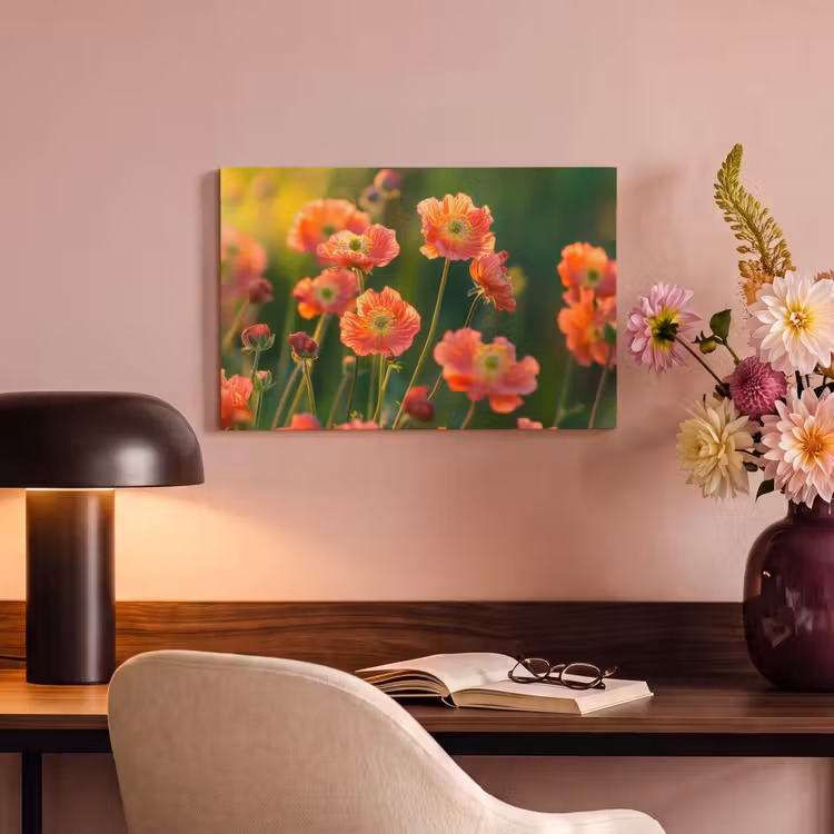 Canvas schilderij - Bloemenveld - Zonnestralen - Oranje — 6