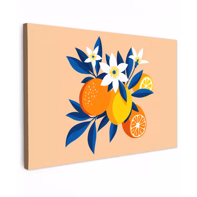 Canvas schilderij - Illustratie - Sinaasappels - Donkerblauw - Bloemen — 1