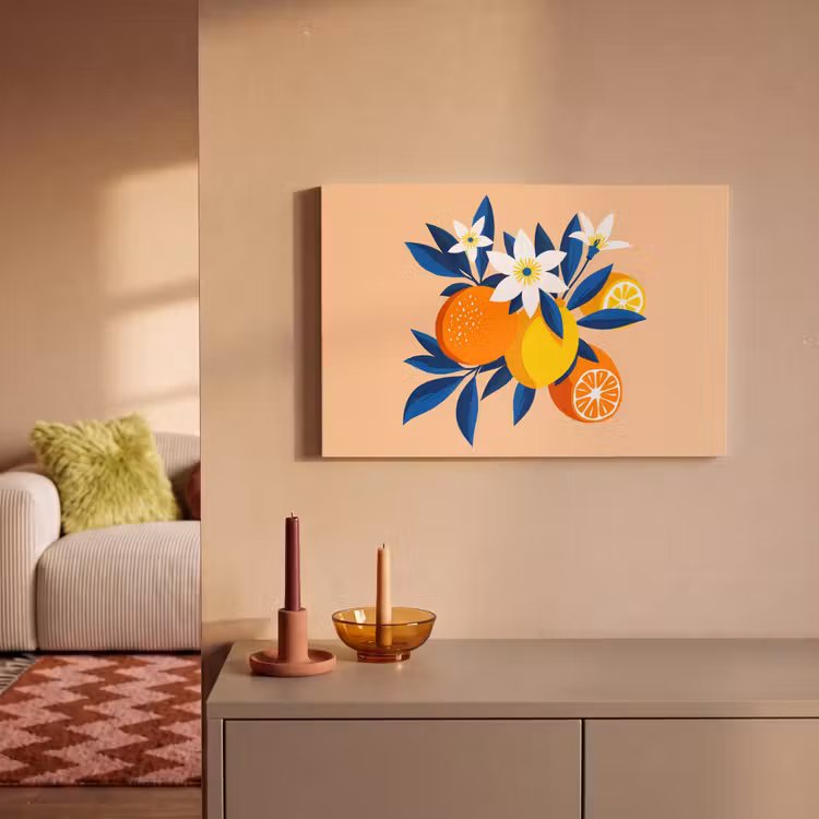 Canvas schilderij - Illustratie - Sinaasappels - Donkerblauw - Bloemen — 2