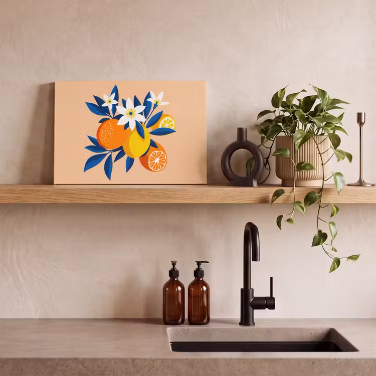 Canvas schilderij - Illustratie - Sinaasappels - Donkerblauw - Bloemen — 4