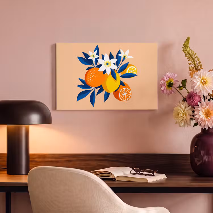 Canvas schilderij - Illustratie - Sinaasappels - Donkerblauw - Bloemen — 6