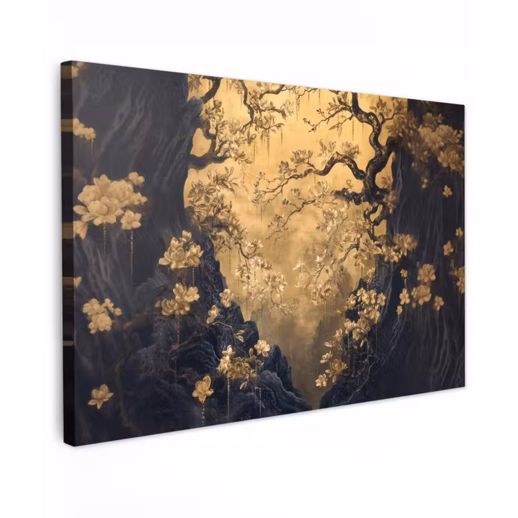 Canvas schilderij - Bloemen - Takken - Goud - Sierlijk — 1