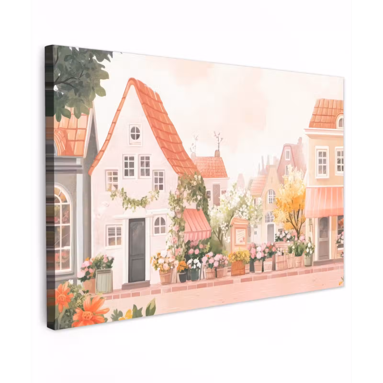 Canvas schilderij - Bloemen - Huizen - Dorp — 1