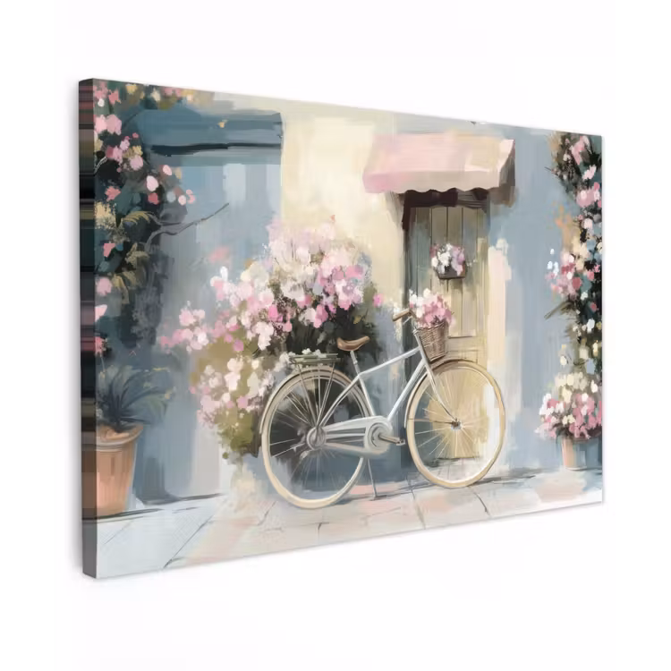Canvas schilderij - Fiets - Pastelkleuren - Bloemen — 1