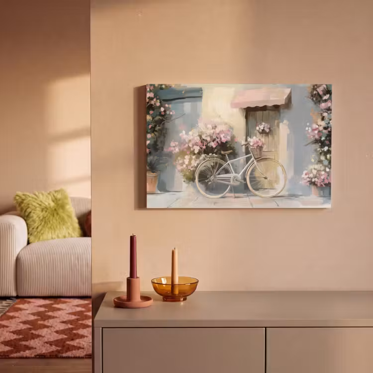 Canvas schilderij - Fiets - Pastelkleuren - Bloemen — 2