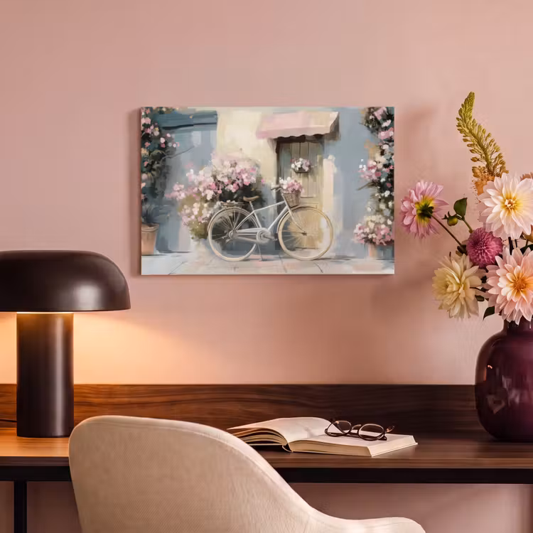 Canvas schilderij - Fiets - Pastelkleuren - Bloemen — 6