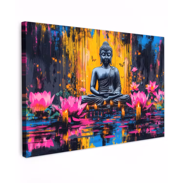 Canvas schilderij - Buddha - Bloemen - Kaarsen - Geel — 1