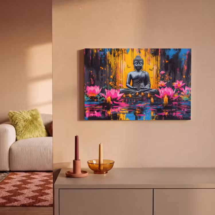 Canvas schilderij - Buddha - Bloemen - Kaarsen - Geel — 2
