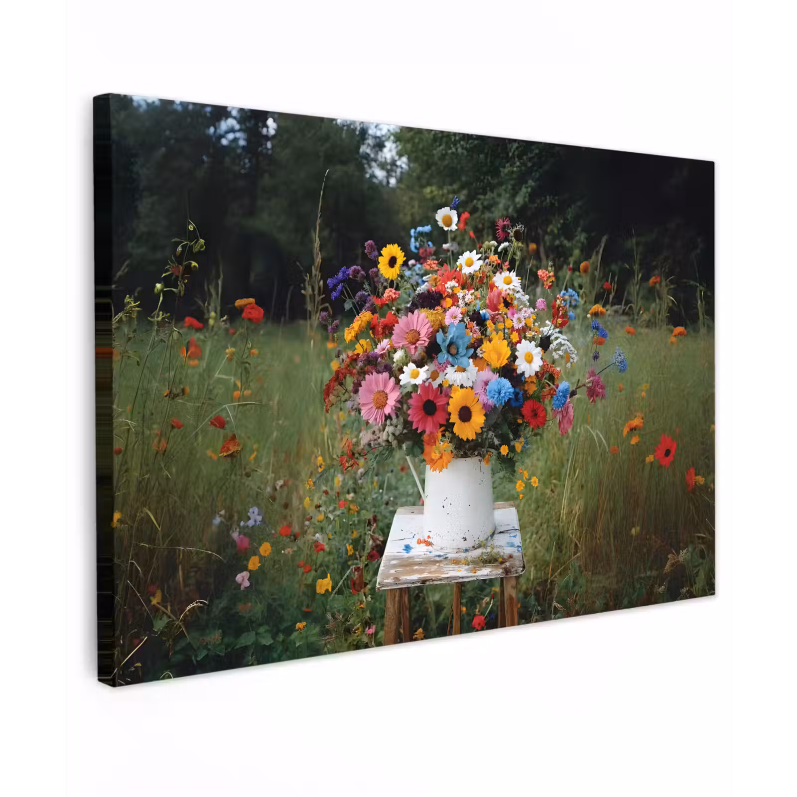Canvas schilderij - Bloemen - Krukje - Gieter - Veld — 1