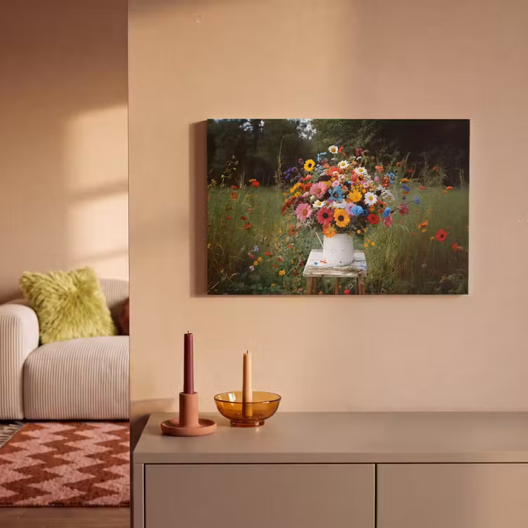 Canvas schilderij - Bloemen - Krukje - Gieter - Veld — 2