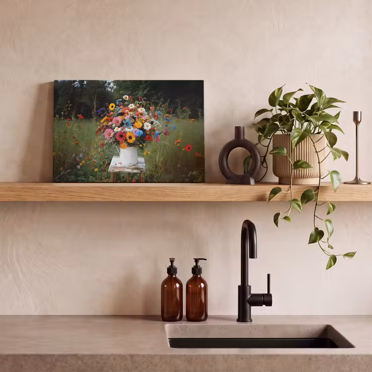 Canvas schilderij - Bloemen - Krukje - Gieter - Veld — 4