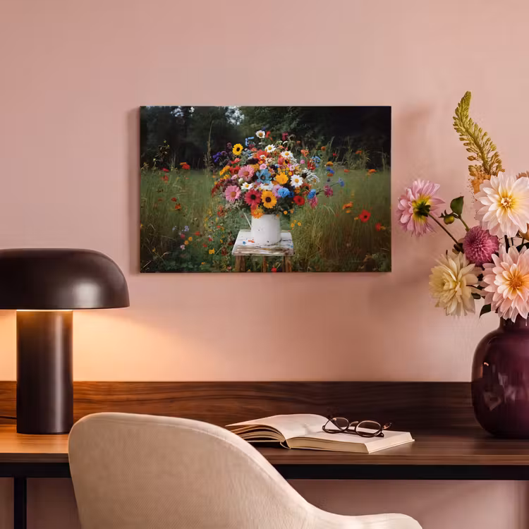 Canvas schilderij - Bloemen - Krukje - Gieter - Veld — 6