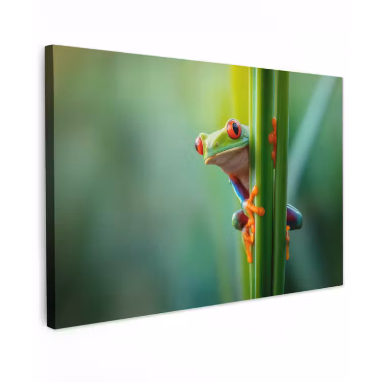 Canvas schilderij - Groene kikker - Nieuwsgierig - Gras — 1