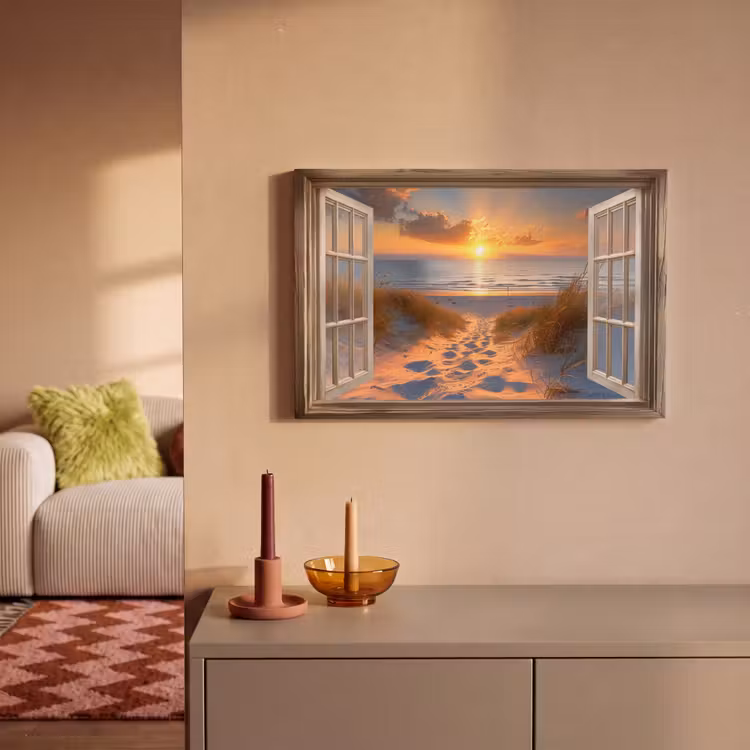 Canvas schilderij - Doorkijk - Strand - Duinen - Zonsondergang — 2
