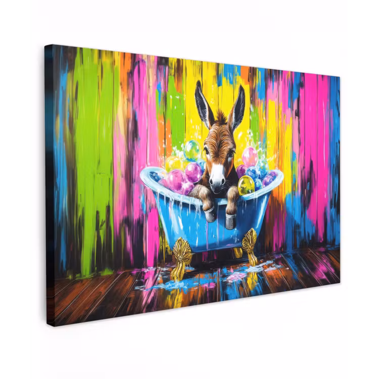 Canvas schilderij - Ezel - Badkuip - Roze - Schuim — 1