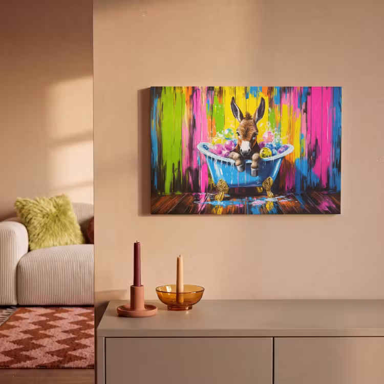 Canvas schilderij - Ezel - Badkuip - Roze - Schuim — 2