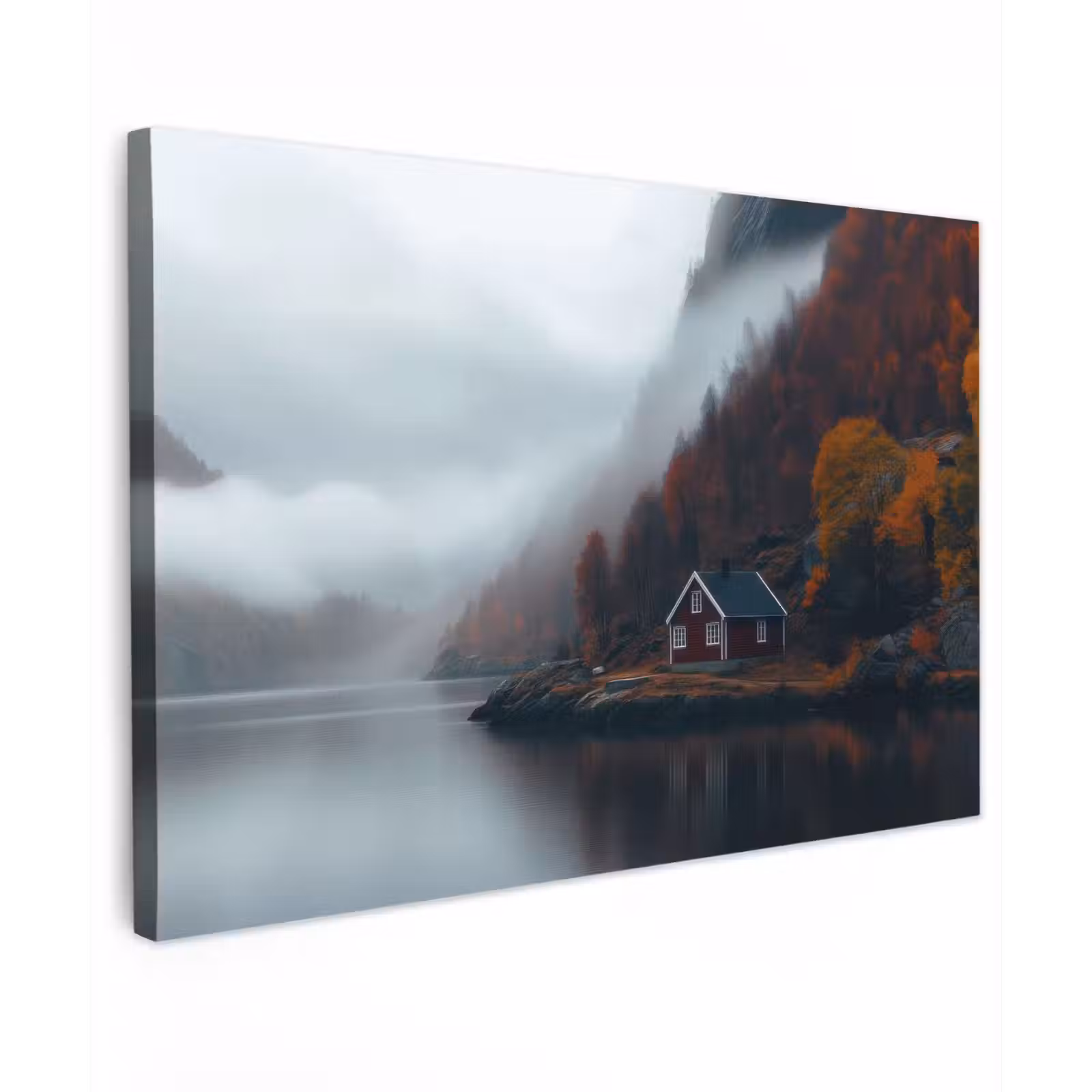 Canvas schilderij - Huis - Rood - Bergen - Water — 1