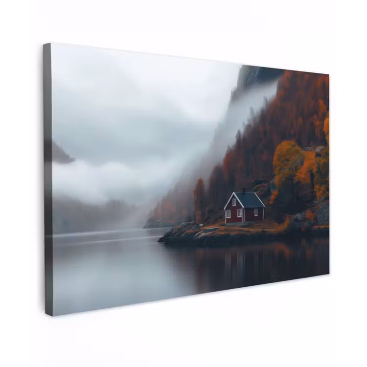 Canvas schilderij - Huis - Rood - Bergen - Water — 1