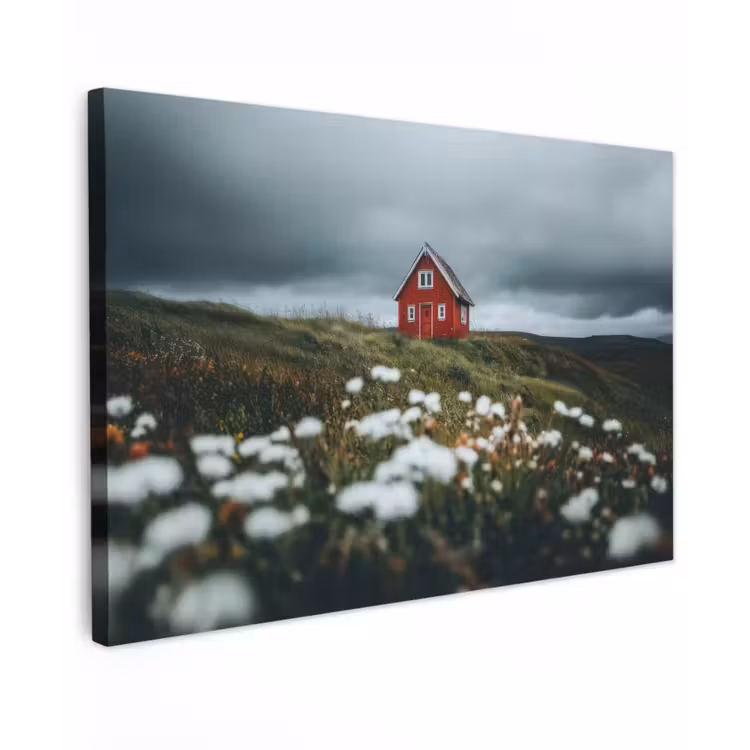 Canvas schilderij - Heuvel - Huisje - Bloemen - Wit — 1