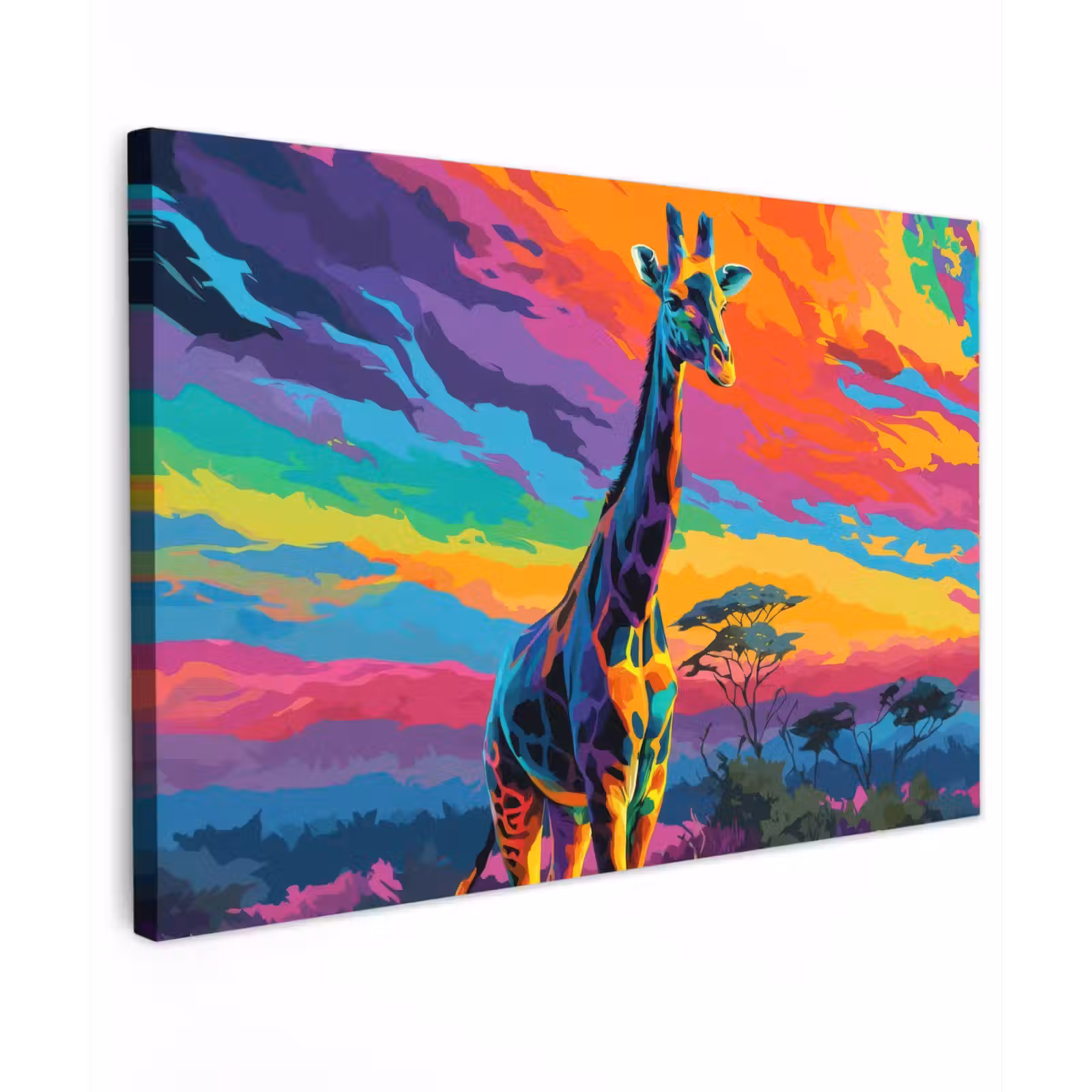 Canvas schilderij - Giraffe - Savanna - Lucht - Gekleurd — 1